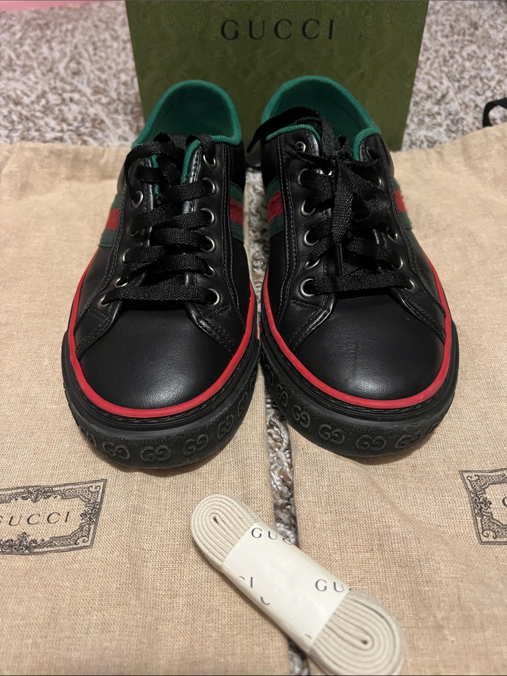 Gucci  Black Leather Sneakers with Red Trim & Green Stripe
